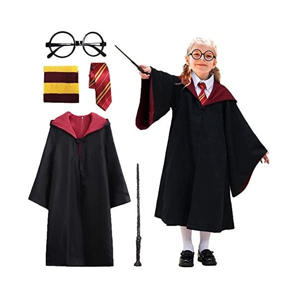 Kitimi Costume de Magicien, Costume Harry le Sorcier Pour Enfants, Lunettes Noires Rondes, Écharpe et Baguette, Kit daccesso