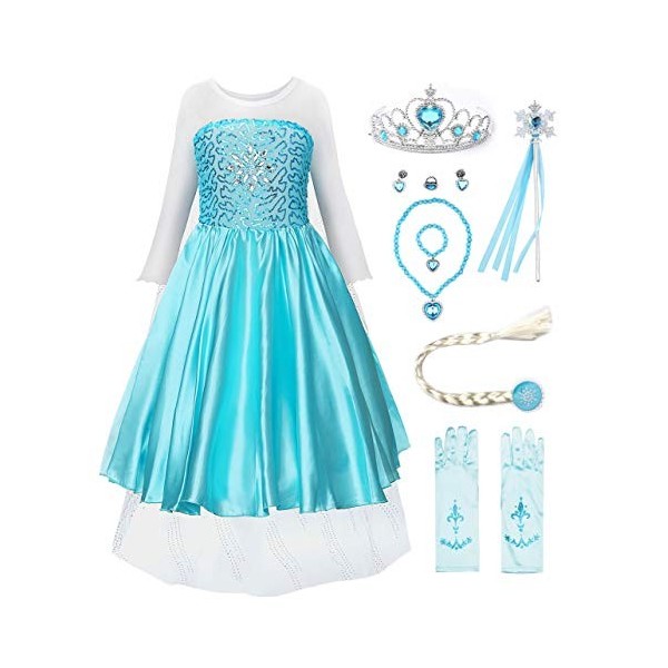 JerrisApparel Robe Costume Petites Filles Princesse Elsa Déguisement 110cm, Bleu Elsa avec Accessoires 