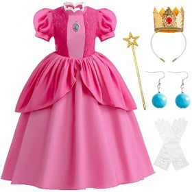 Windskids Déguisement Princesse Peach Fille Robe de Princesse et 4 Accessoires Enfant Halloween Noël Carnaval Fête Lace Maxi 