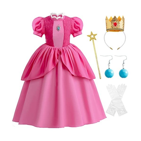 Windskids Déguisement Princesse Peach Fille Robe de Princesse et 4 Accessoires Enfant Halloween Noël Carnaval Fête Lace Maxi 