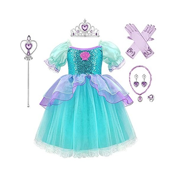 IWEMEK Filles Petite Sirène Ariel Costume Conte De Poisson Princesse Robe avec Accessoires Enfants Contes de Fées Cosplay Hal