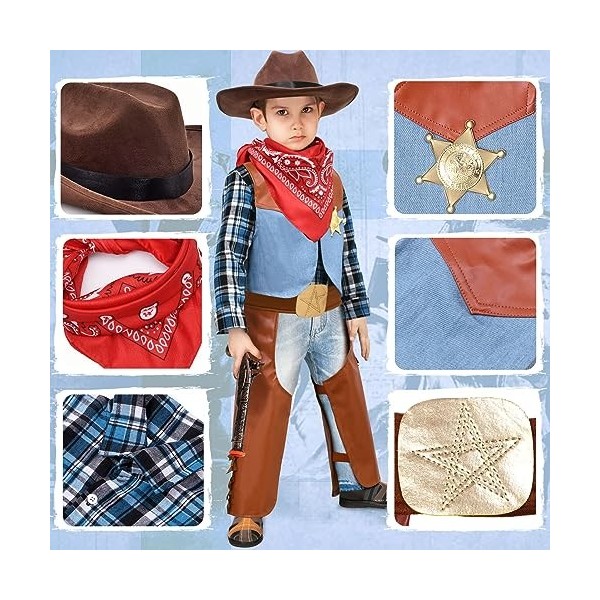 Latocos Déguisement Cowboy Enfant Costume Cowboy Accessoires Cowboy Chapeau Vest Bandana Cowboy Jouet pour Carnival Halloween