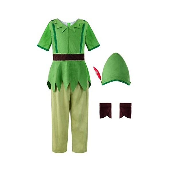 ReliBeauty Déguisement Enfant Garçon Costume Vert avec Chapeau de Plumes  3-4ans, 100