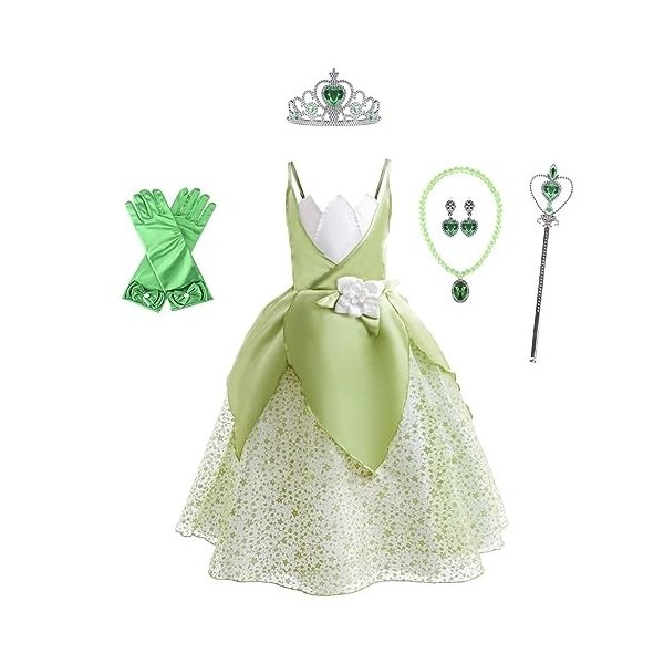 Lito Angels Deguisement Costume Robe de Princesse Tiana avec Accessoires pour Enfant Fille Taille 10-12 ans, Vert étiquette 
