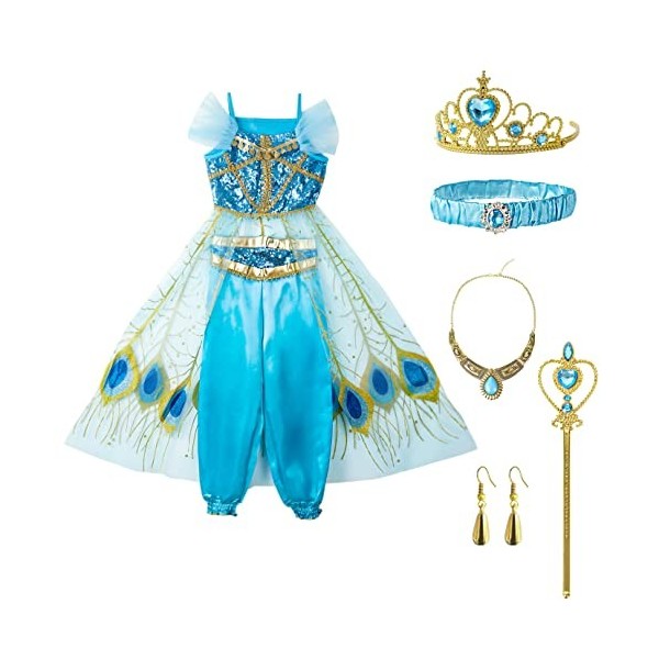 Fancyset Costume de princesse Jasmine pour filles – Costume de princesse Aladdin – Déguisement Jasmine pour filles – Tenue po
