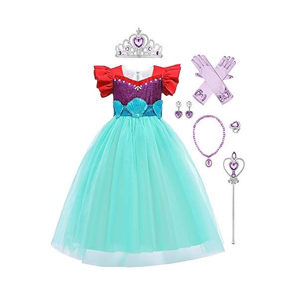 Deguisement Robe Princesse Ariel Costume de Sirène pour Enfant Fille, Robe Ariel la petite sirene avec Accessoires, Enfants C