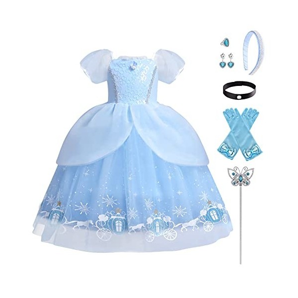 IMEKIS Enfant Fille Cendrillon Sofia Costume Princesse Halloween Noël Carnaval Cosplay Déguisement Fleur Aurora Robe avec Fée