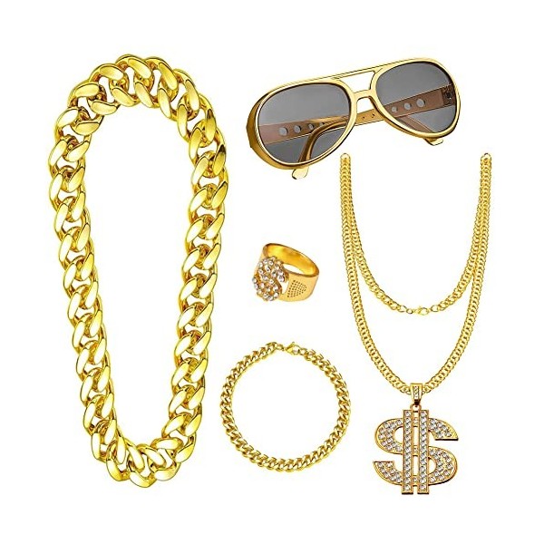 Lot de 5 accessoires de déguisement Hip Hop des années 80/90 pour enfants et adultes, fausse chaîne dorée, collier faux signe