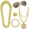Lot de 5 accessoires de déguisement Hip Hop des années 80/90 pour enfants et adultes, fausse chaîne dorée, collier faux signe