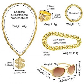 Lot de 5 accessoires de déguisement Hip Hop des années 80/90 pour enfants et adultes, fausse chaîne dorée, collier faux signe