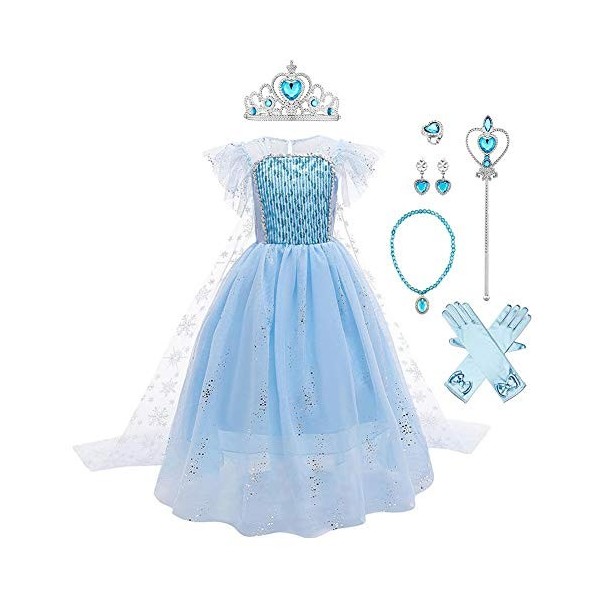 IWEMEK Costume de reine des neiges Elsa,7 pièces,Pour fille,Robe de princesse avec cape + accessoires,Pour Noël, Halloween, c