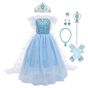 IMEKIS Robe de princesse 2 Elsa Reine des neiges pour fille,Déguisement danniversaire Halloween,Carnaval Cosplay,Manches vol