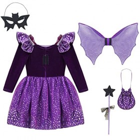 ranrann Déguisement Sorcière Fille Enfant Robe avec Accessoires Halloween Chapeau de Sorcière Sac à Bonbons Baguette Magique 