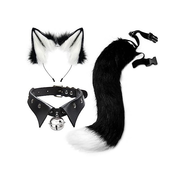 JAWSEU Costume de Renard, Lot de 3 Oreilles Et Queue de Renard en Peluche Cosplay Bandeau Oreilles de Chat avec Cloche Collie