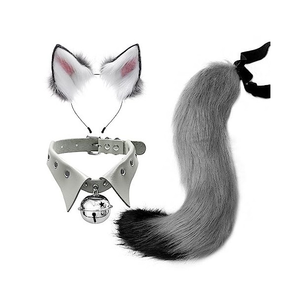 JAWSEU Costume de Renard, Lot de 3 Oreilles Et Queue de Renard en Peluche Cosplay Bandeau Oreilles de Chat avec Cloche Collie