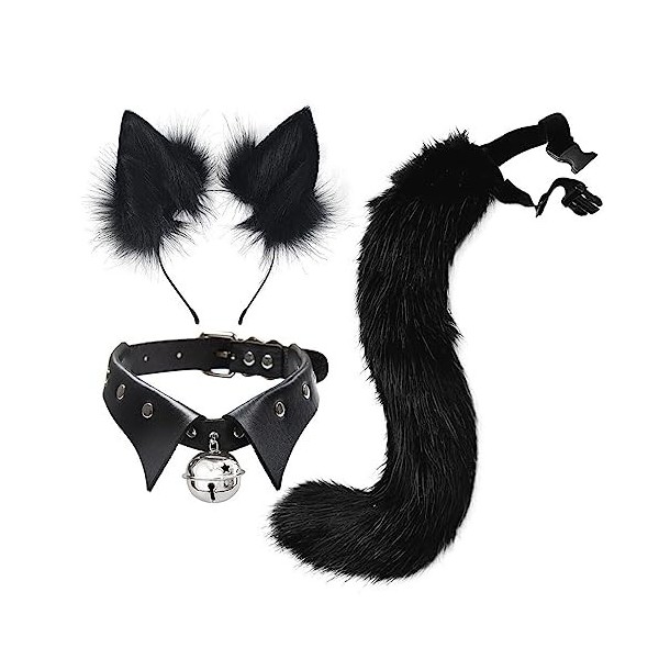 JAWSEU Costume de Renard, Lot de 3 Oreilles Et Queue de Renard en Peluche Cosplay Bandeau Oreilles de Chat avec Cloche Collie