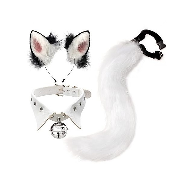 JAWSEU Costume de Renard, Lot de 3 Oreilles Et Queue de Renard en Peluche Cosplay Bandeau Oreilles de Chat avec Cloche Collie