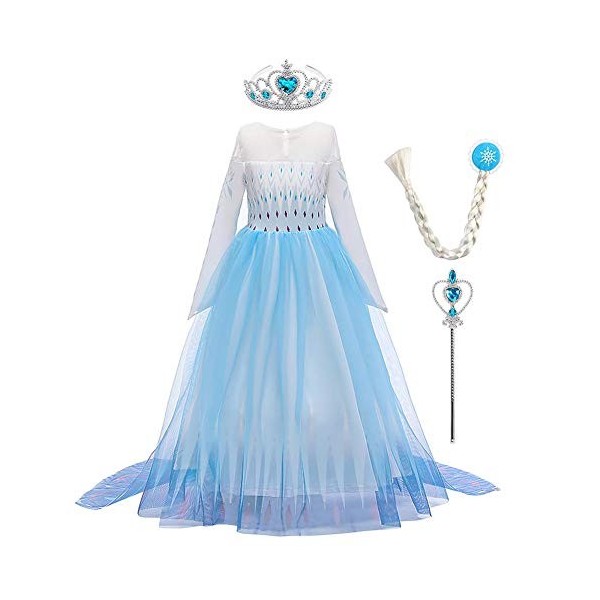 IWEMEK Robe de princesse Elsa 2 pour fille - Costume de Reine des Neiges - Flocon de neige - Accessoires pour cosplay, annive