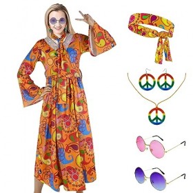 YORDET Costume hippie des années 60 et 70 pour femme - Style rétro - Avec accessoires hippie - Costume de carnaval pour Hallo