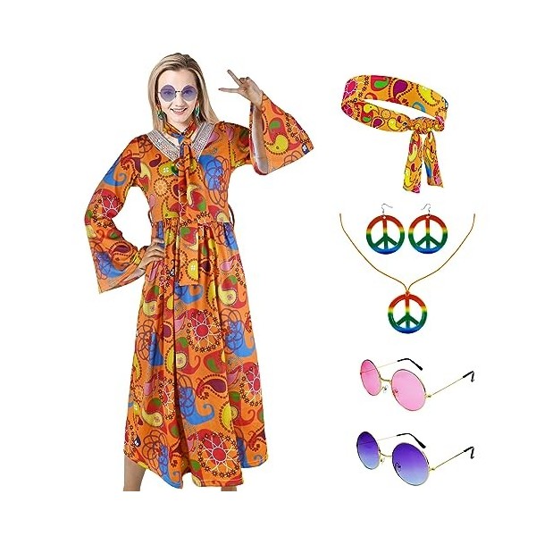 YORDET Costume hippie des années 60 et 70 pour femme - Style rétro - Avec accessoires hippie - Costume de carnaval pour Hallo