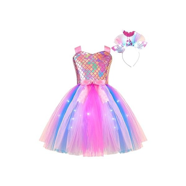 Oyolan Déguisement Sirène Fille Enfant Princesse Robe Lumineuse LED Serre-Tête Bandeau Cosplay Halloween Carnaval Fête Annive