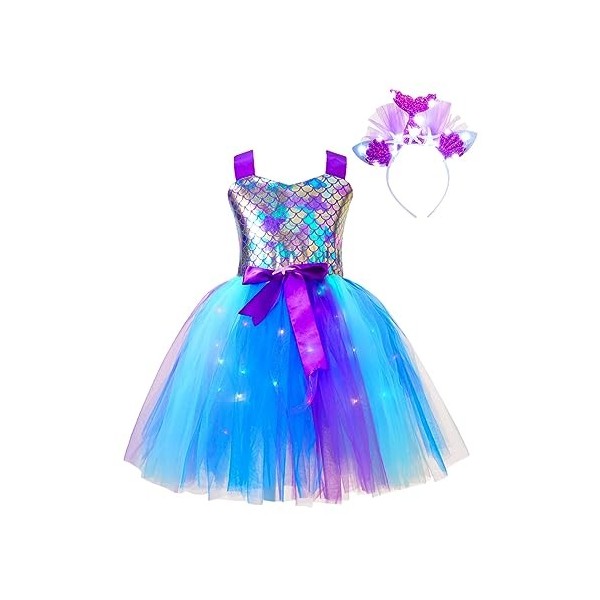 Oyolan Déguisement Sirène Fille Enfant Princesse Robe Lumineuse LED Serre-Tête Bandeau Cosplay Halloween Carnaval Fête Annive