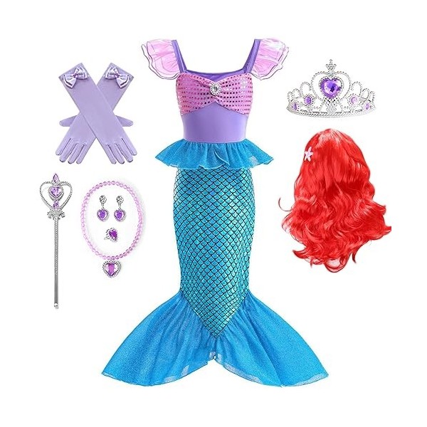 IWFREE Déguisement Sirène Costume avec Perruques Fille Princesse Ariel Pétillant Queue de Poisson Robe de Princesse et Access