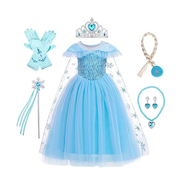 LOBTY Fille Robe de Princesse Elsa avec Accessoires Déguisement de Reine des Neiges Costume de Princesse Anniversaire Fête No