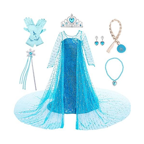 LOBTY Fille Robe de Princesse Elsa avec Accessoires Déguisement de Reine des Neiges Costume de Princesse Anniversaire Fête No