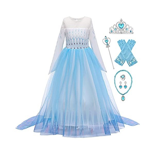 New front Déguisement Princesse Elsa Fille Robe de Princesse Reines des Neiges 2 Manches Longues Costume et Accessoires Noël 