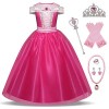 New front Fille La Belle au Bois Dormant Robe de Princesse Aurore Accessoires Baguette Couronne Bague Collier Déguisement Tul