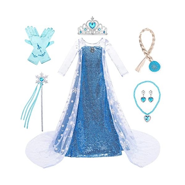 LOBTY Fille Robe de Princesse Elsa avec Accessoires Couronne Collier Déguisement de Reine des Neiges Costume de Princesse Ann