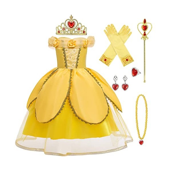 LOBTY Fille Deguisement Princesse Belle Costume avec Accessoires La Belle et La Bête Cosplay Robe Enfant Princesse Vêtements 
