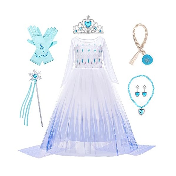LOBTY Fille Robe de Princesse Elsa 2 avec Accessoires Déguisement de Reine des Neiges Costume de Princesse Anniversaire Fête 