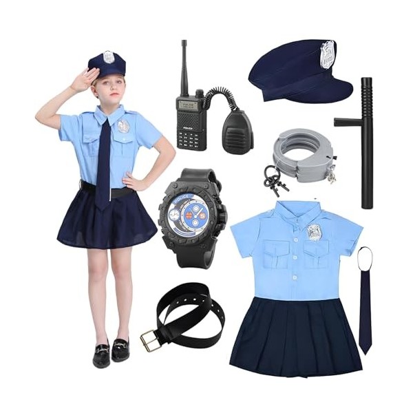 Deguisement Policier Enfant Costume de Policier pour Fille avec Accessoires Pistolets Police Menottes Walkie Talkie Casquette