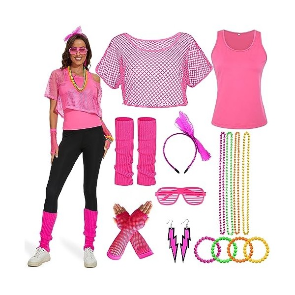 Ulikey Deguisement Annee 80 Femme, Tenue Annee 80 et 90 Femme, Déguisement Fluo T-Shirt en Maille, Débardeur, Bandeau, Boucle