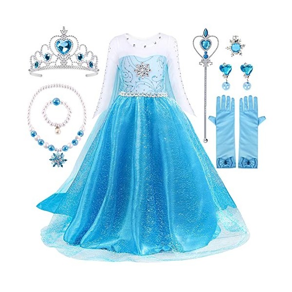 Robe Princesse Fille, Elsa Déguisement avec Couronne Princesse Collier Ensemble, Robe Princesse Bébé Fille, Jupe Tulle Longue