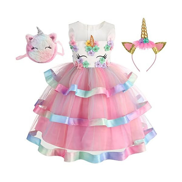 Hallojojo Fille Licorne Déguisement avec Accessoires Robe de Princesse Licorne Enfant Princesse Costume Anniversaire Fête Hal