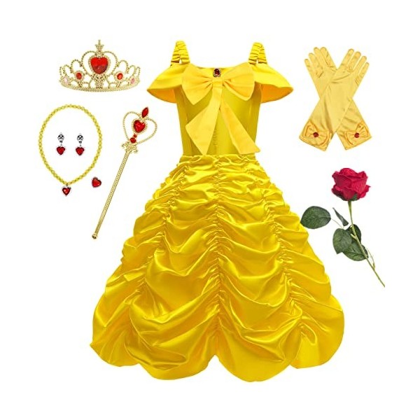 YOGLY Déguisement Robe de Princesse Belle Fille Cosplay La Belle et la Bête Longue Robe de Soirée et Accessoires pour Enfant 