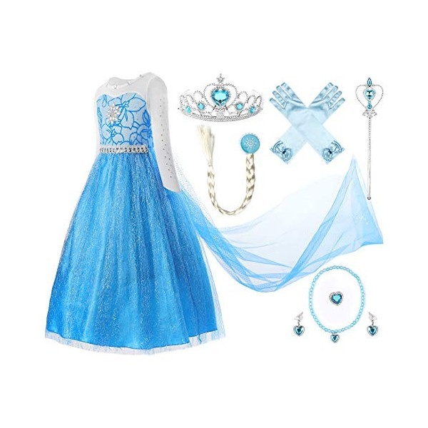 Ohlover Déguisement Princesse Fille Reine Robe Tenues de Cosplay avec Accessoires 4 Ans, Bleu 