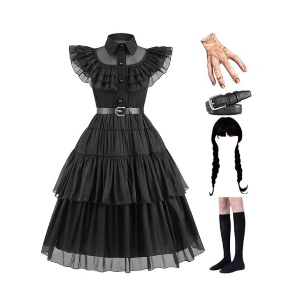 Costume de Mercredi Addams pour Enfant,Costumes dHalloween pour Fille du Mercredi Addams,5 Pièces Ceinture+Chaussette+Mitain