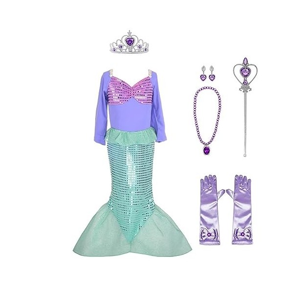 Lito Angels Deguisement Robe Sirène Princesse Ariel avec Accessoires pour Enfant Fille, Anniversaire Fete Costume Carnaval, T