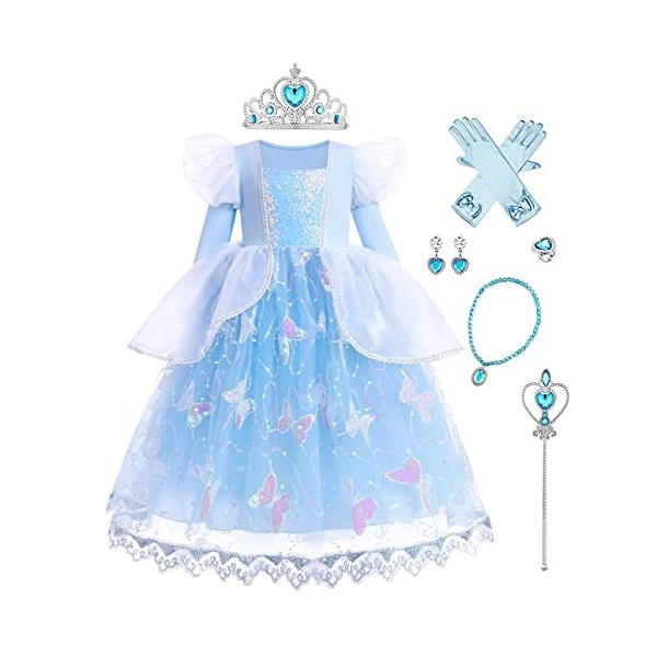 IBAKOM Fille Robe Princesse Cendrillon Costume Déguisement Conte Fées Sophia Raiponce Cosplay Halloween Carnaval Noël Habille