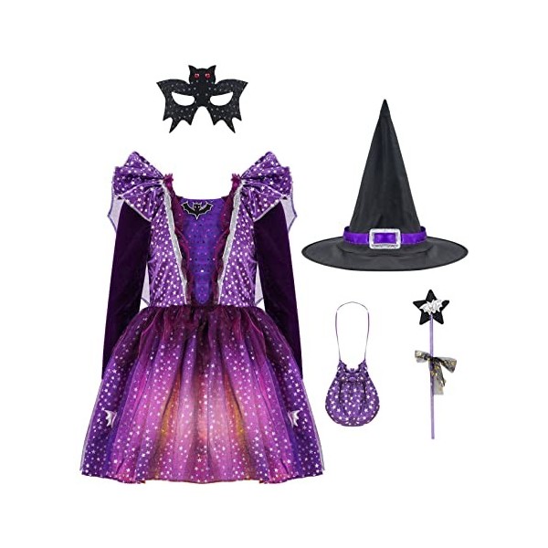 ranrann Déguisement Sorcière Fille Enfant Robe avec Accessoires Halloween Chapeau de Sorcière Sac à Bonbons Baguette Magique 