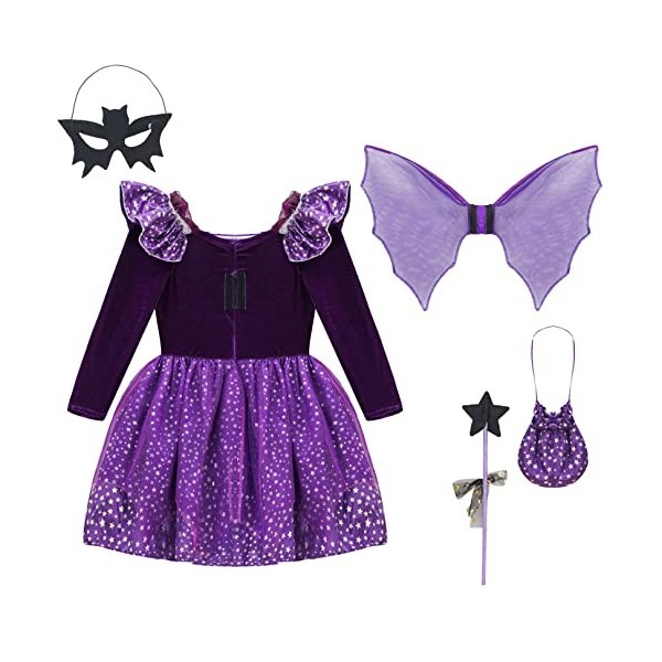 ranrann Déguisement Sorcière Fille Enfant Robe avec Accessoires Halloween Chapeau de Sorcière Sac à Bonbons Baguette Magique 