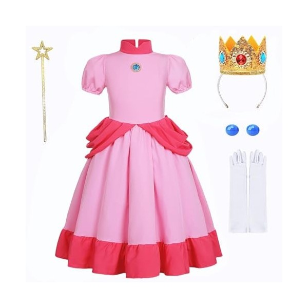 Yigoo Princesse Peach Costume Pêche Filles Robes Brillantes Enfants Carnaval Party Halloween Noël Déguisement Ensemble avec c