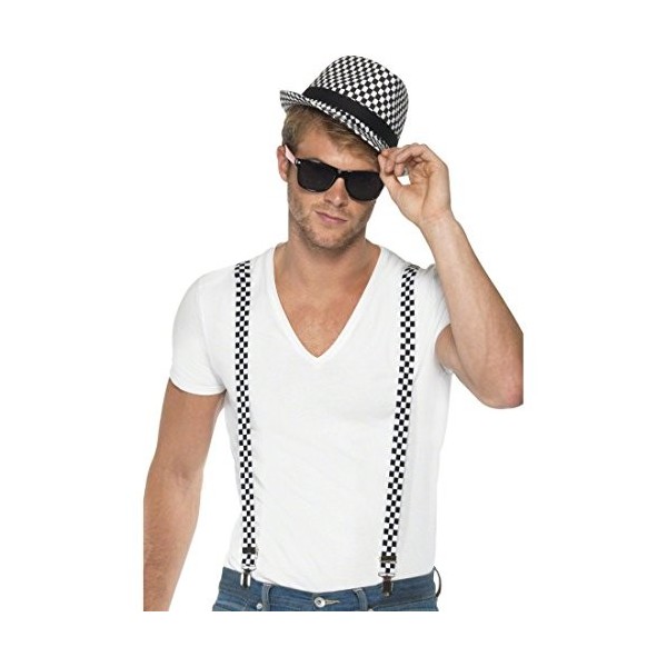 NET TOYS Set Costume Ska - Bretelles Noires et Blanches - Chapeau Ska années 50 - panoplie de déguisement - Accessoires de dé