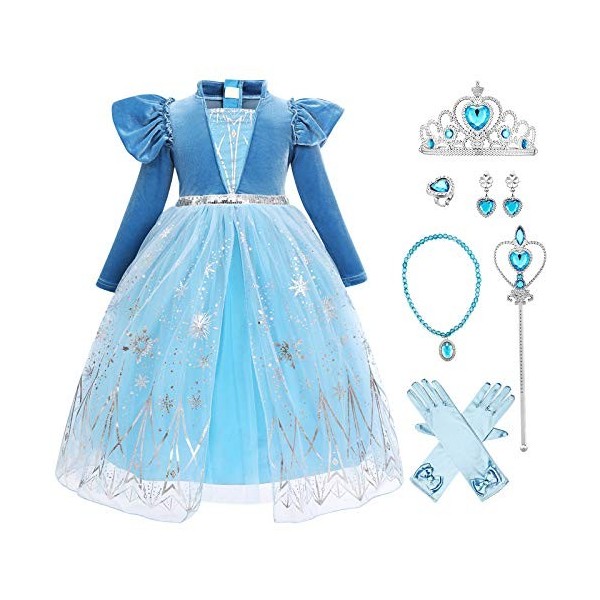 FYMNSI Enfant Elsa Robe Filles Déguisements Reine des Neige 2 Cosplay Princesse Manche Longue Robe avec Accessoires Halloween