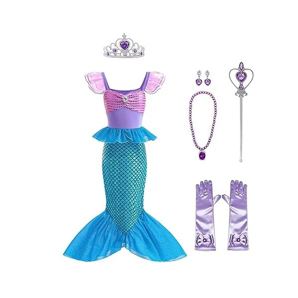 Lito Angels Deguisement Robe Petite Sirene Princesse Ariel Costume avec Accessoires pour Enfant Fille Taille 7-8 ans, Violet 