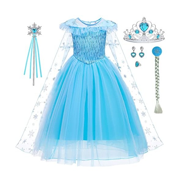 LiUiMiY Déguisement Princesse Elsa Fille Robe Reine des Neiges Carnaval Enfant Costume Bleu pour Halloween Cosplay Anniversai